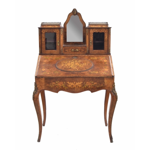 969 - Fine French walnut marquetry bureau de dame, with central vanity mirror flanked by two glazed cabine... 