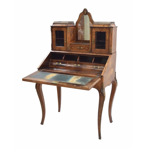 969 - Fine French walnut marquetry bureau de dame, with central vanity mirror flanked by two glazed cabine... 