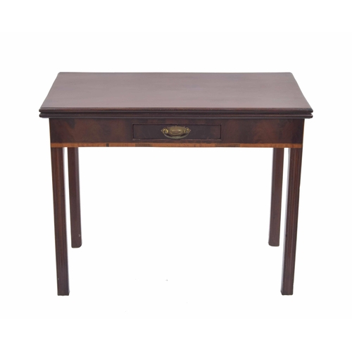 961 - Georgian mahogany fold-over tea table, the rectangular hinged top over a small frieze drawer, raised... 