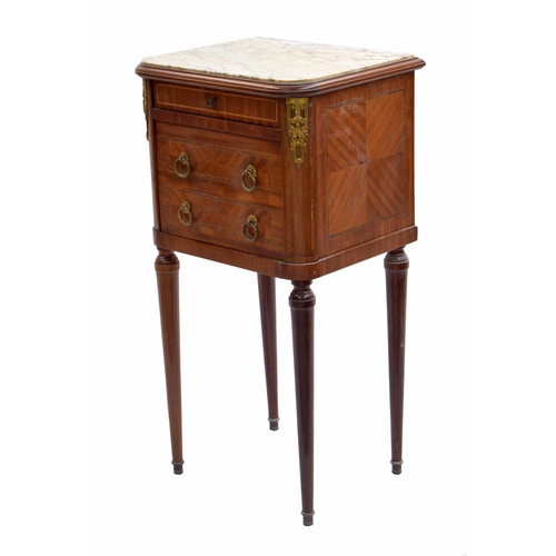 978 - French Kingwood marble top bedside cupboard, the inset stone top over a single faux drawer front cup... 