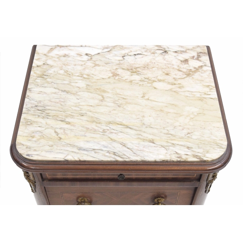 978 - French Kingwood marble top bedside cupboard, the inset stone top over a single faux drawer front cup... 