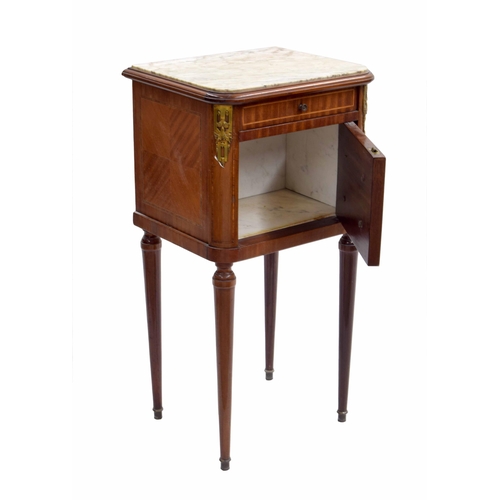 978 - French Kingwood marble top bedside cupboard, the inset stone top over a single faux drawer front cup... 