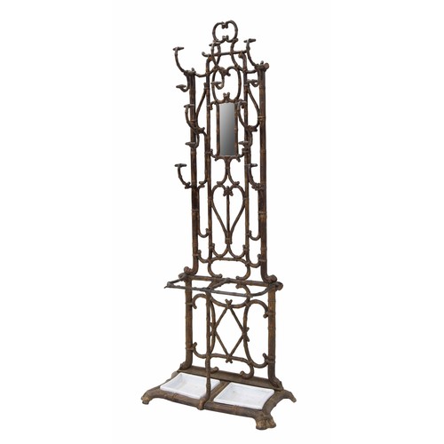 988 - French cast iron hall hat/coat stand, cast as faux bamboo with inset mirror glass to the back, over ... 