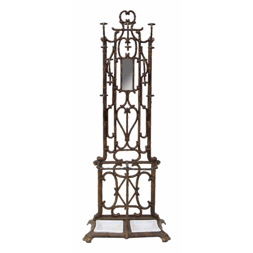 988 - French cast iron hall hat/coat stand, cast as faux bamboo with inset mirror glass to the back, over ... 