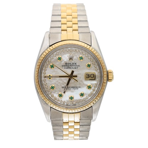 Rolex Oyster Perpetual Datejust gold and stainless steel gentleman's wristwatch, reference no. 16013, serial no. R22xxxx, circa 1987, yellow gold fluted bezel, after-market mother of pearl dial set with emerald hour markers and diamond  set minute track, sweep centre seconds and date aperture, cal. 3035 27 jewel movement, jubilee bracelet, the case back stamped '16000', 36mm