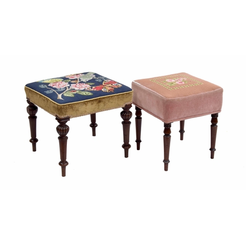 1002 - Two Victorian mahogany stools, both with needlepoint upholstered seats on turned legs (2)... 