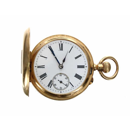 583 - Ladies 18ct gold half hunter fob watch, bar lever movement, 18ct hinged cuvette, Roman numeral dial,... 