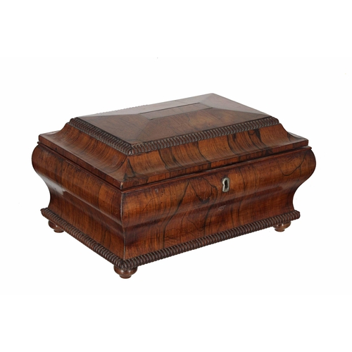 632 - Victorian rosewood sarcophagus sewing box, the hinged cover with gadrooned border enclosing an inset... 