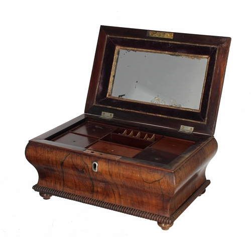 632 - Victorian rosewood sarcophagus sewing box, the hinged cover with gadrooned border enclosing an inset... 