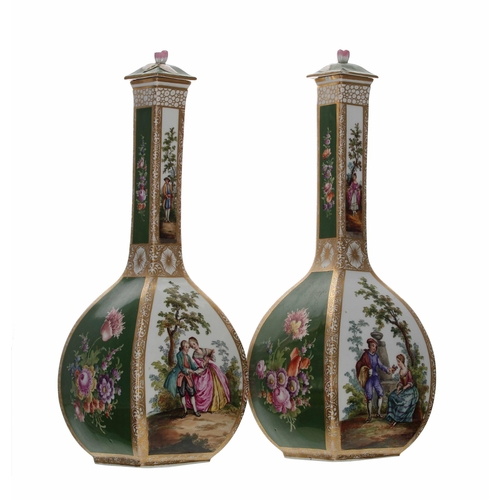 726 - Pair of Dresden Augustus Rex porcelain square bottle vases with covers, the covers with flower finia... 