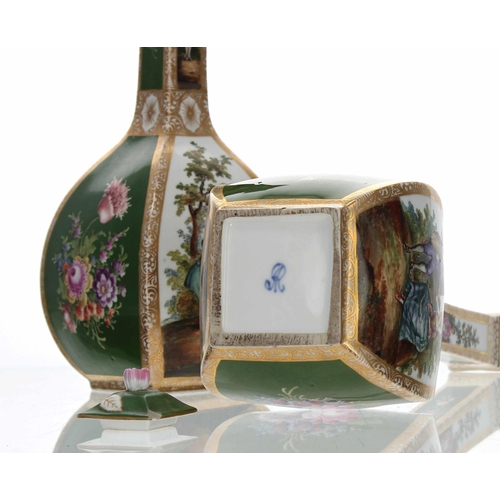 726 - Pair of Dresden Augustus Rex porcelain square bottle vases with covers, the covers with flower finia... 