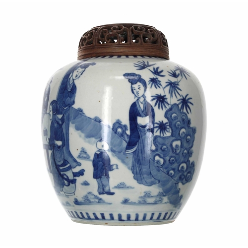 741 - 19th century Chinese blue and white porcelain ginger jar, decorated with figures in a garden and chi... 