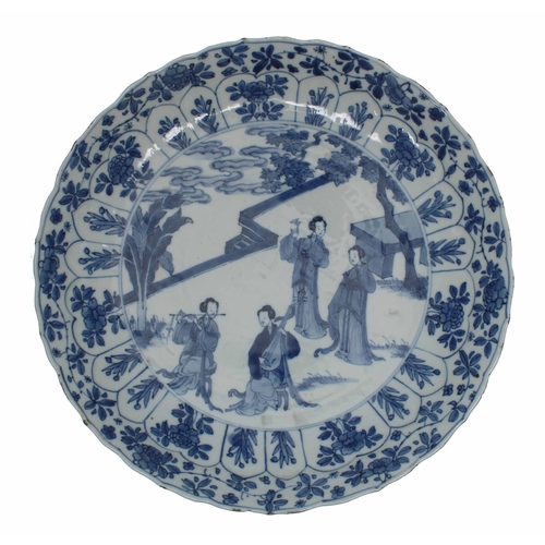 742 - 18th century Chinese blue and white porcelain shallow dish, with figural decoration of musicians in ... 