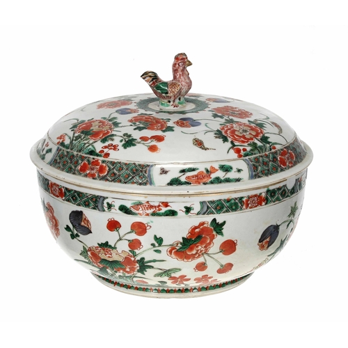 747 - Chinese famille verte porcelain tureen with cover, the cover with a finial modelled as a cockerel, t... 