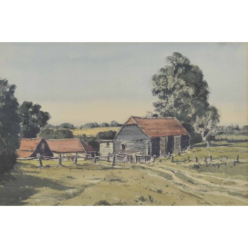 791 - Claude Grahame Muncaster (1903-1974) - Barns and other farm buildings in a landscape, signed, pencil... 