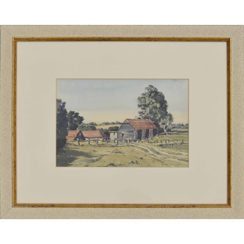 791 - Claude Grahame Muncaster (1903-1974) - Barns and other farm buildings in a landscape, signed, pencil... 