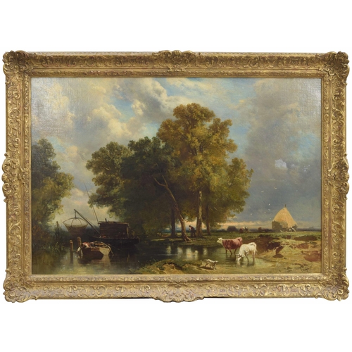 798 - Charles Hoguet (1821-1870) - River landscape with a figure in a boat, another figure beside trees wi... 