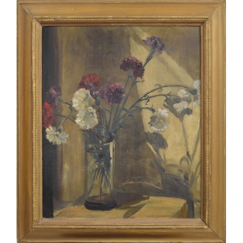 803 - English school (20th century) - Still life of carnations in a glass vase, oil on canvas, 24