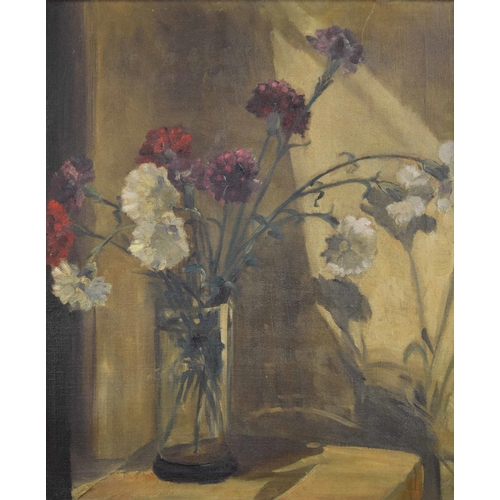 803 - English school (20th century) - Still life of carnations in a glass vase, oil on canvas, 24