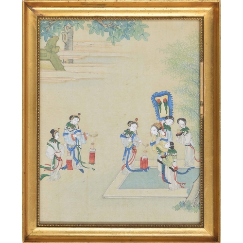 755 - Chinese School (19th century) - Figures celebrating in a garden, watercolour on silk, possibly from ... 