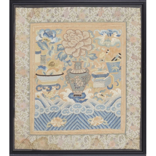 757 - 19th century Chinese silk embroidery panel, depicting a vase with flowers, brush pot etc. with cloud... 