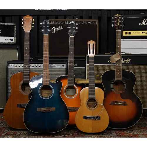 804 - Three acoustic guitars in need of some TLC/set up, including a Harmony H6830, an Eko Laredo and an A... 