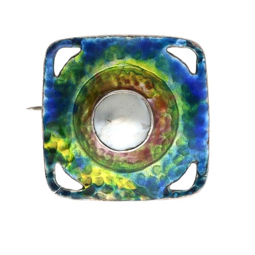 108 - Arts & Crafts silver and enamel square brooch by Smith & Ewen, inset with mother of pearl to... 