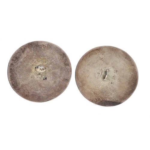 111 - Pair of Arts & Crafts planished silver circular  'Ruskin' enamel buttons by Albert Edward Jones,... 