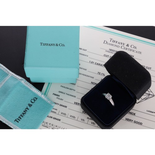 120 - Tiffany & Co. Lucida platinum solitaire diamond ring, cut cornered square mixed cut, 1.01ct, cla... 
