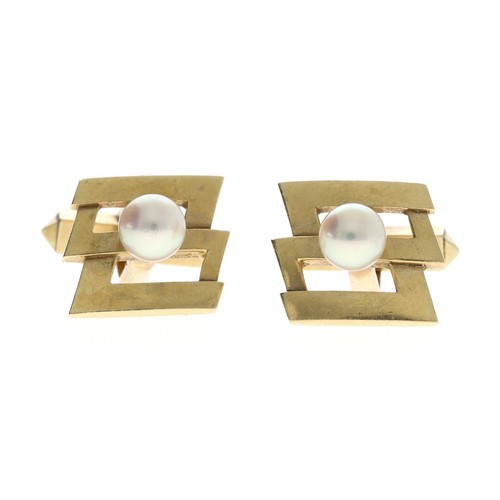 294 - Pair of K. Mikimoto, Tokyo 14ct yellow gold cultured pearl cufflinks, the pearls 6mm, signed, 9.4gm,... 