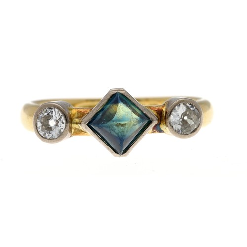 312 - 18ct yellow gold cabouchon sapphire and diamond three stone ring, Birmingham 1927, the sapphire 0.80... 