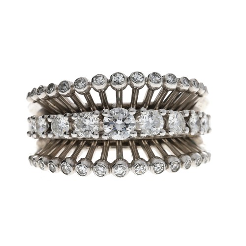 319 - Fancy 18ct white gold three row diamond dress ring, round brilliant-cuts, estimated 0.85ct approx in... 