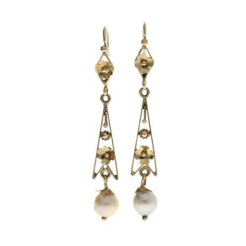 329 - Pair of 9ct drop earrings each set with a single cultured pearl, the pearls 7mm, 3.6gm, drop 46mm... 