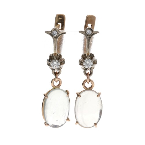 331 - Pair of 14ct moonstone and diamond drop earrings, round brilliant-cut diamonds, 0.25ct approx in tot... 