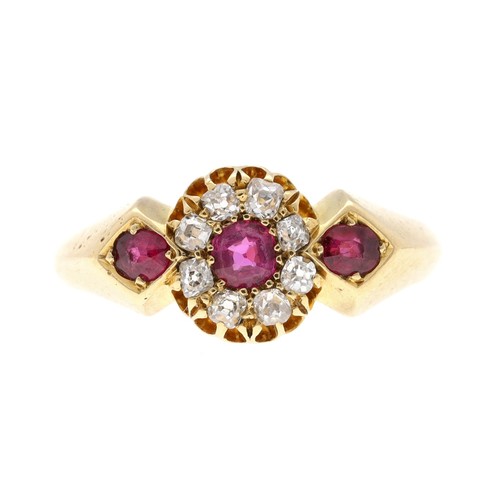 332 - Victorian 18ct yellow gold ruby and diamond cluster ring, London 1887, width 8mm, 4.2gm, ring size L... 