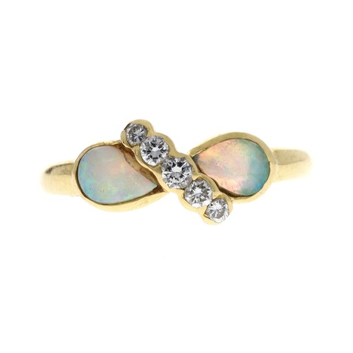 335 - Pretty 18ct yellow gold opal and diamond ring, with two pear shaped opals and four round brilliant-c... 