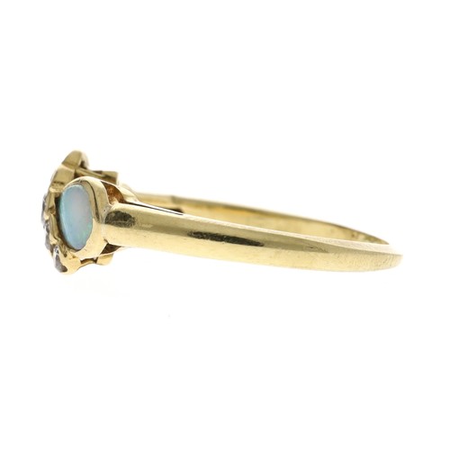 335 - Pretty 18ct yellow gold opal and diamond ring, with two pear shaped opals and four round brilliant-c... 