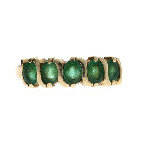 336 - Emerald five stone yellow gold ring, marked '10kt', width 5mm, 2gm, ring size L