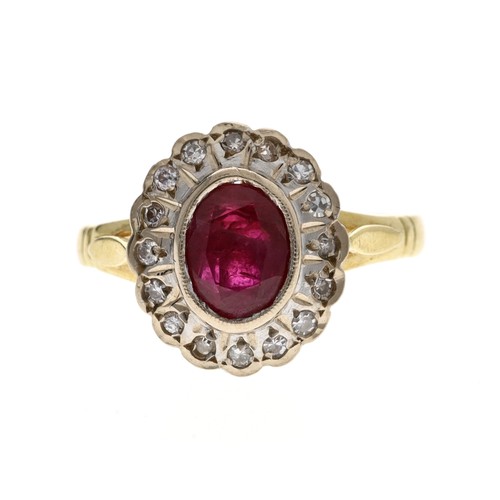 339 - 18ct yellow gold oval ruby and diamond cluster ring, the ruby 1.15ct approx, on an illusion diamond ... 