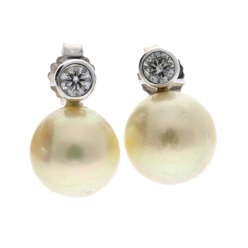 340 - Pair of 18ct white gold cultured pearl and diamond earrings, round brilliant-cut diamonds, each 01.5... 