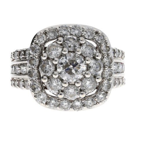 346 - Impressive large fancy 14ct white gold diamond cluster ring with set shoulders, 17mm, 10.3gm, ring s... 