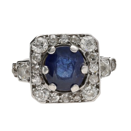 348 - Art Deco sapphire and diamond white metal square cluster ring, the sapphire 1.80ct approx, in a squa... 