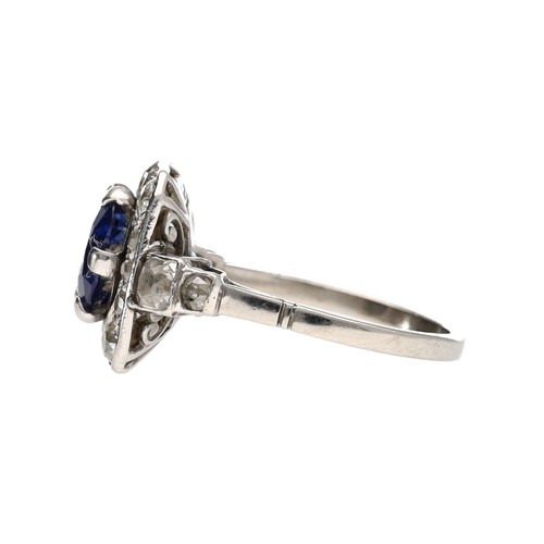 348 - Art Deco sapphire and diamond white metal square cluster ring, the sapphire 1.80ct approx, in a squa... 