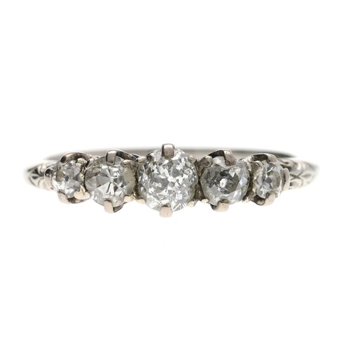 350 - Period 18ct white gold five stone diamond ring, round old-cuts, estimated 0.55ct approx in total, wi... 