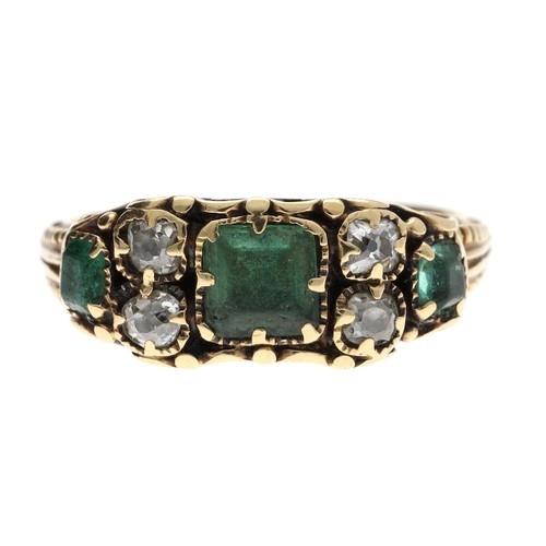 351 - Antique gold backed emerald and old-cut diamond ring, within a scroll setting, width 7mm, 4.1gm, rin... 