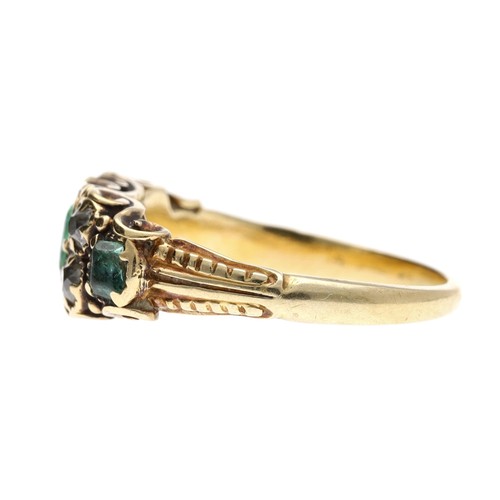 351 - Antique gold backed emerald and old-cut diamond ring, within a scroll setting, width 7mm, 4.1gm, rin... 