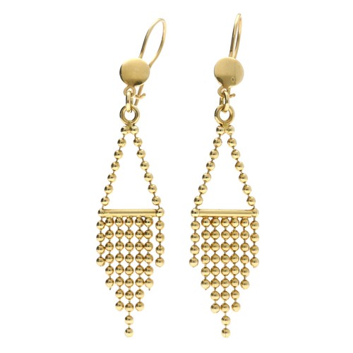 355 - Pair of 18ct yellow gold bead design drop earrings, hook backs, 5.8gm, 65mm