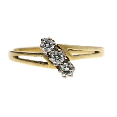 357 - 18ct yellow gold three stone diamond ring, round brilliant-cuts, 0.15ct approx, 2.2gm, ring size K... 