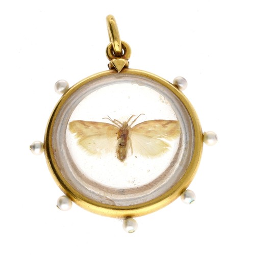 360 - Victorian encased crystal pendant depicting a moth, the yellow metal border set with seven  seed pea... 