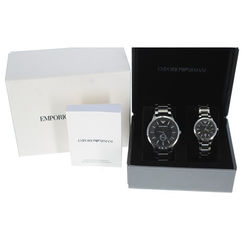 57 - Emporio Armani gentleman's wristwatch, black dial, quartz, 43mm; together with a Emporio Armani lady... 